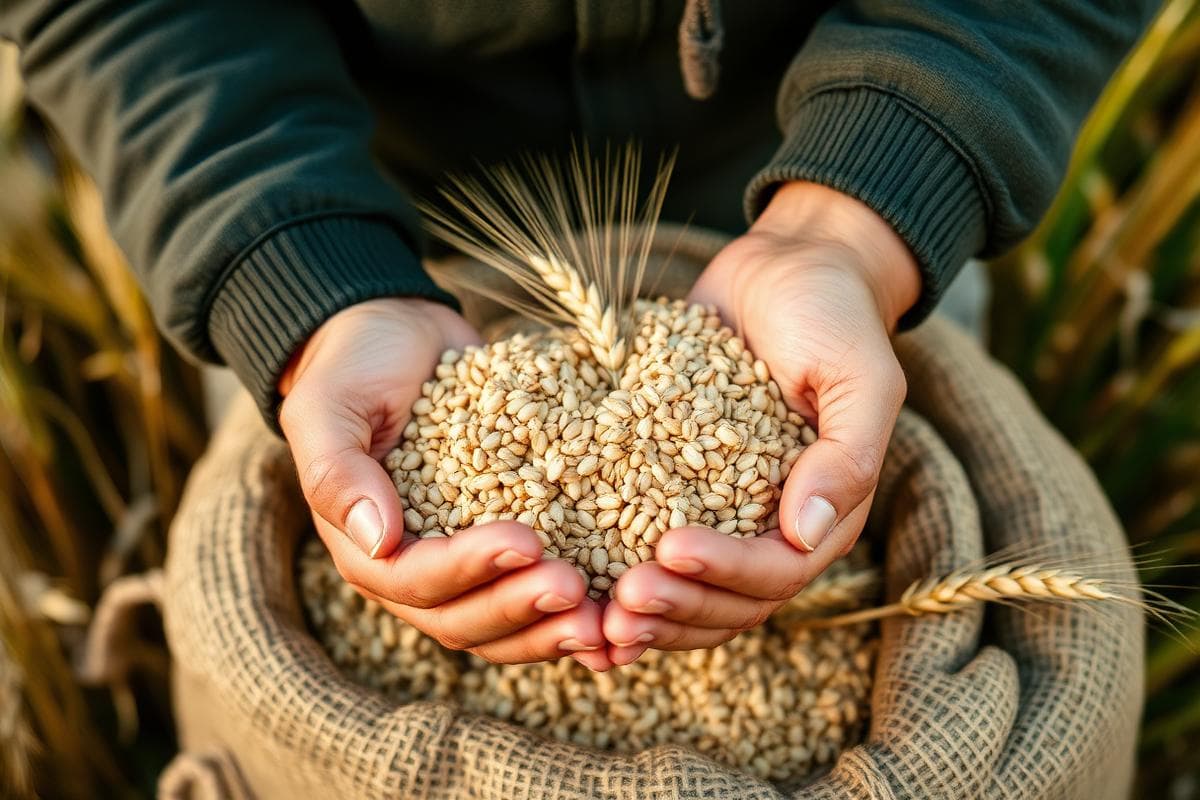 Hands holding freshly harvested wheat grain over a sack