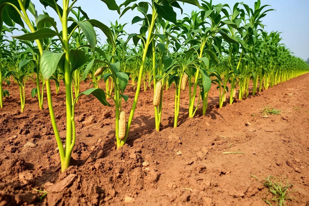 Peanut plants growing in red soil on a Pakistani farm