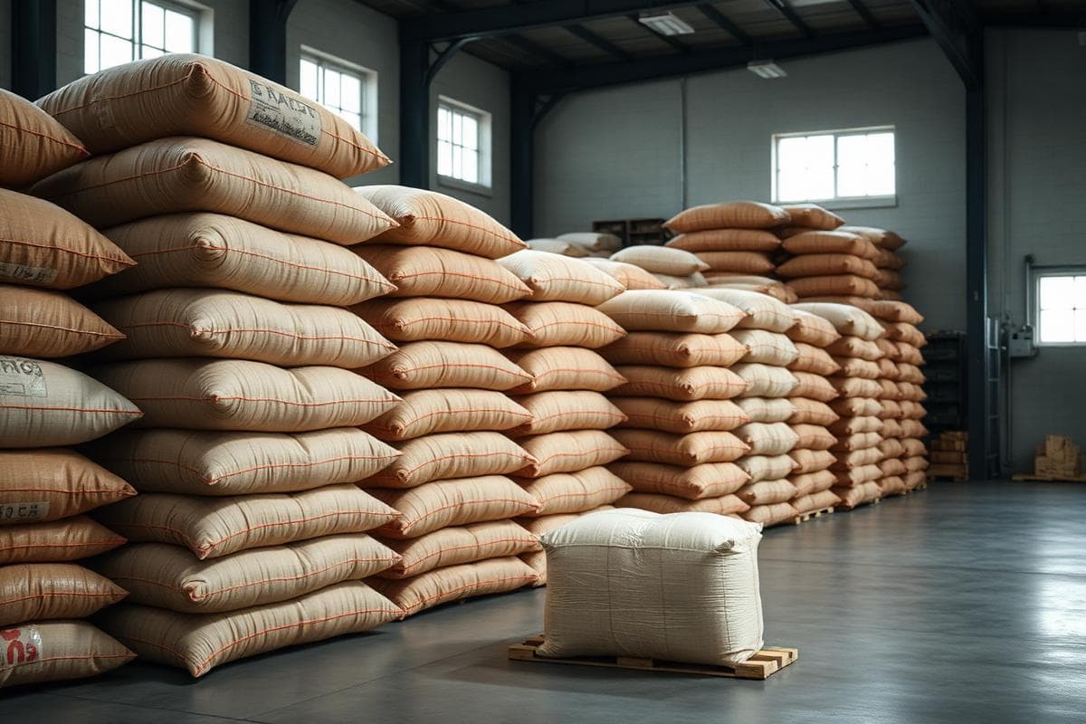 Sacks of agricultural produce stacked in a warehouse