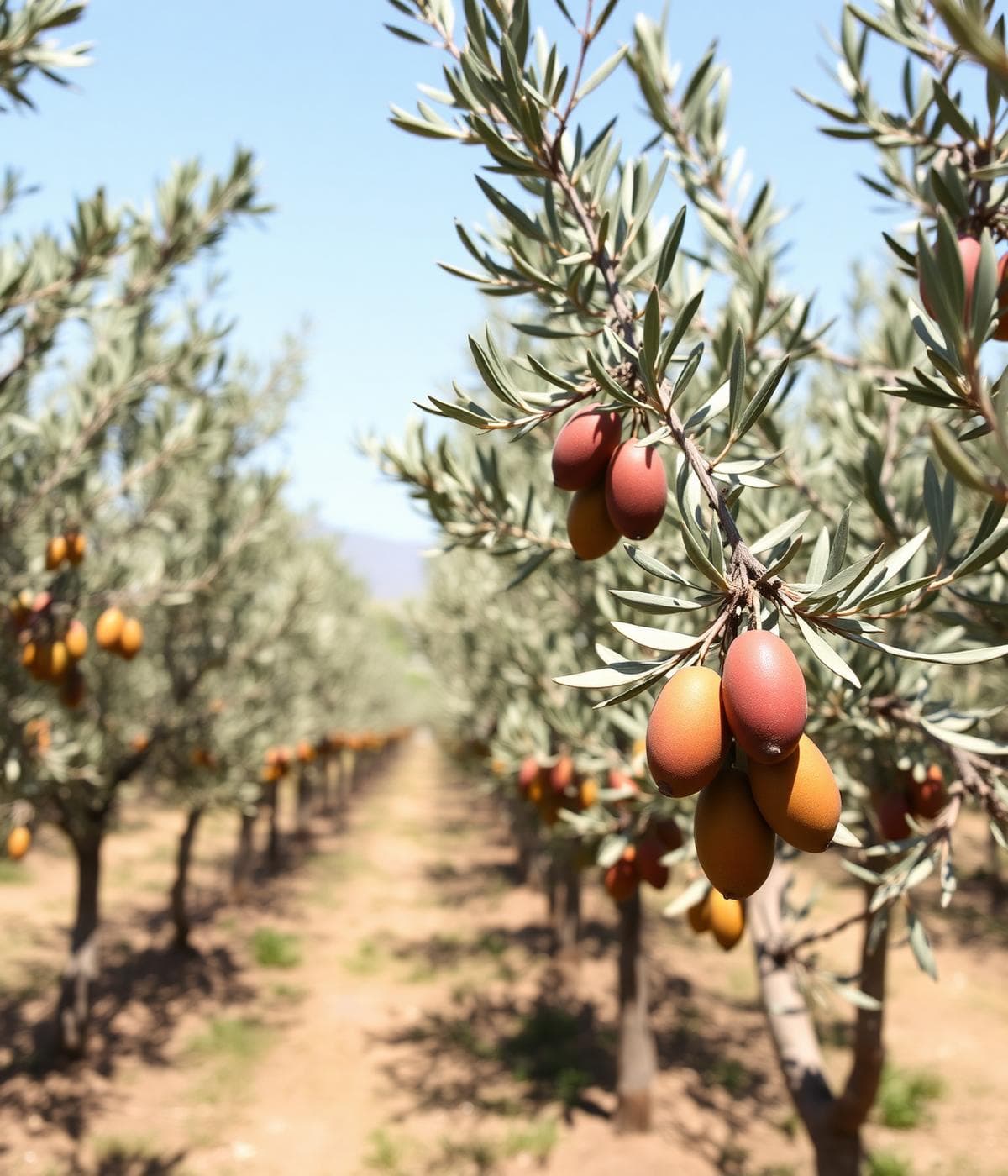Olive orchard rows with ripening fruit on the trees