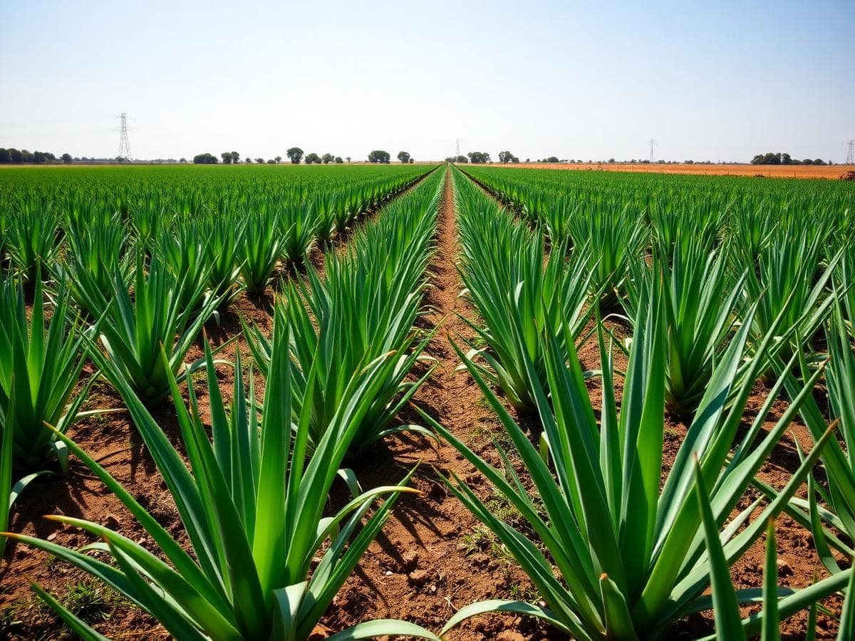 Rows of aloe vera plants growing in an open farm field