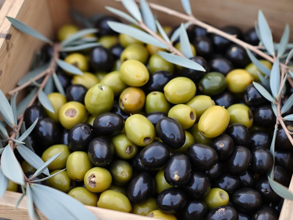 Green and black olives with olive branches in a wooden crate