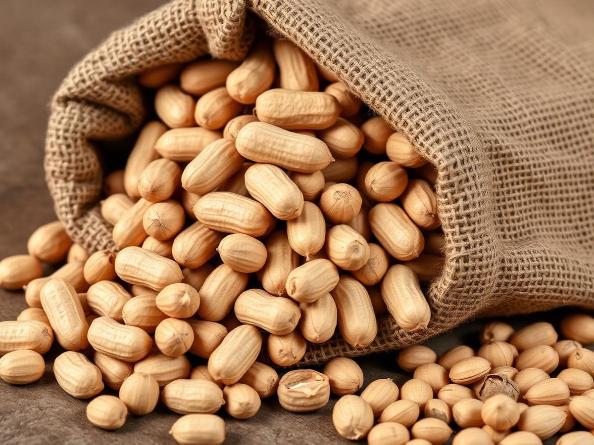 Raw peanuts in shells spilling from a jute sack