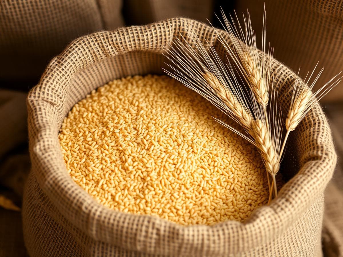 Golden wheat grain in an open jute sack with wheat ears